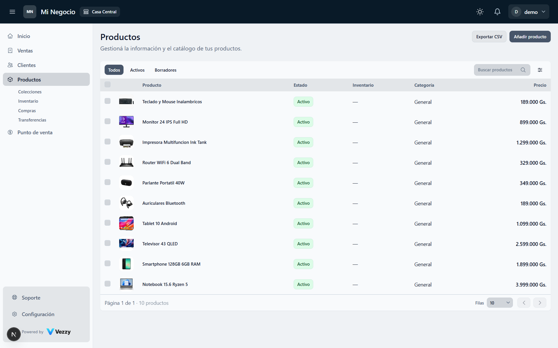 Vista de inventario de productos en Vezzy